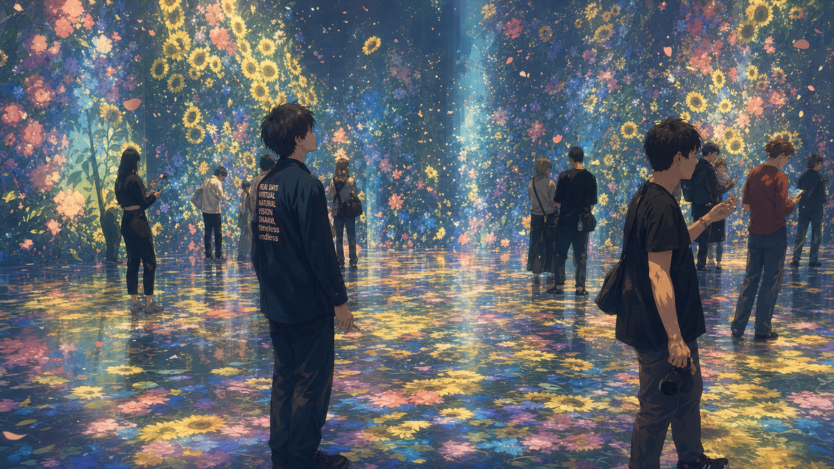 Besucher stehen einzeln in einem projizierten Blumenfeld auf dem Spiegelboden von teamLab Azabudai, Tokio