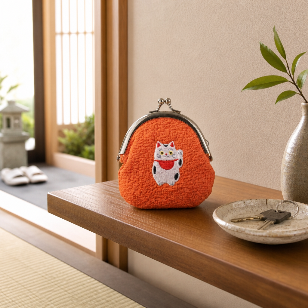 Stoff-Geldbörse Manekineko – Glückskatze mit gesticktem Motiv