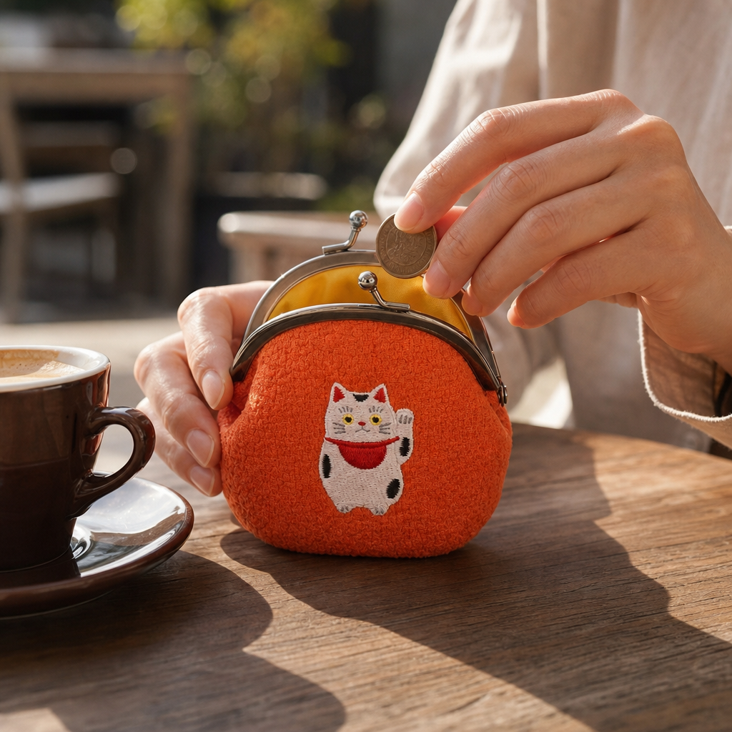 Stoff-Geldbörse Manekineko – Glückskatze mit gesticktem Motiv