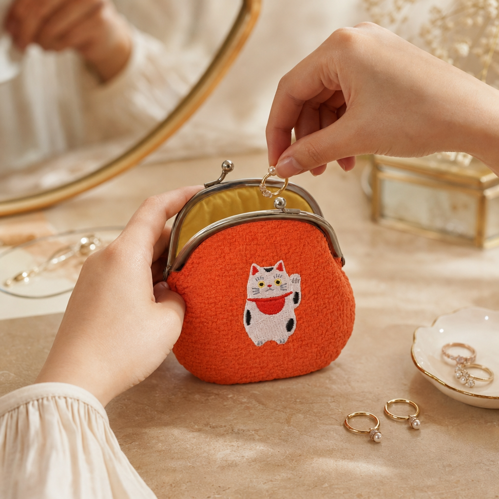 Stoff-Geldbörse Manekineko – Glückskatze mit gesticktem Motiv