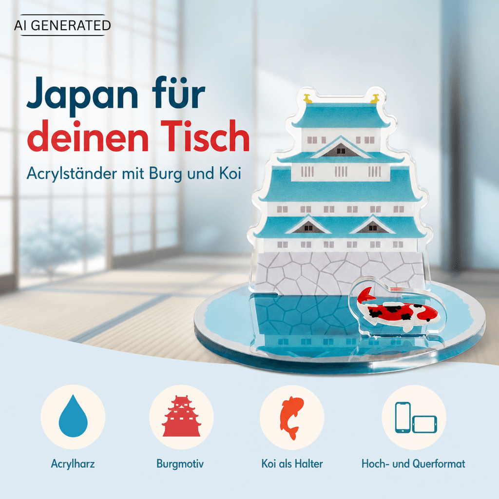 Acryl Smartphone-Ständer Japanische Burg – Motiv mit Koi-Fisch