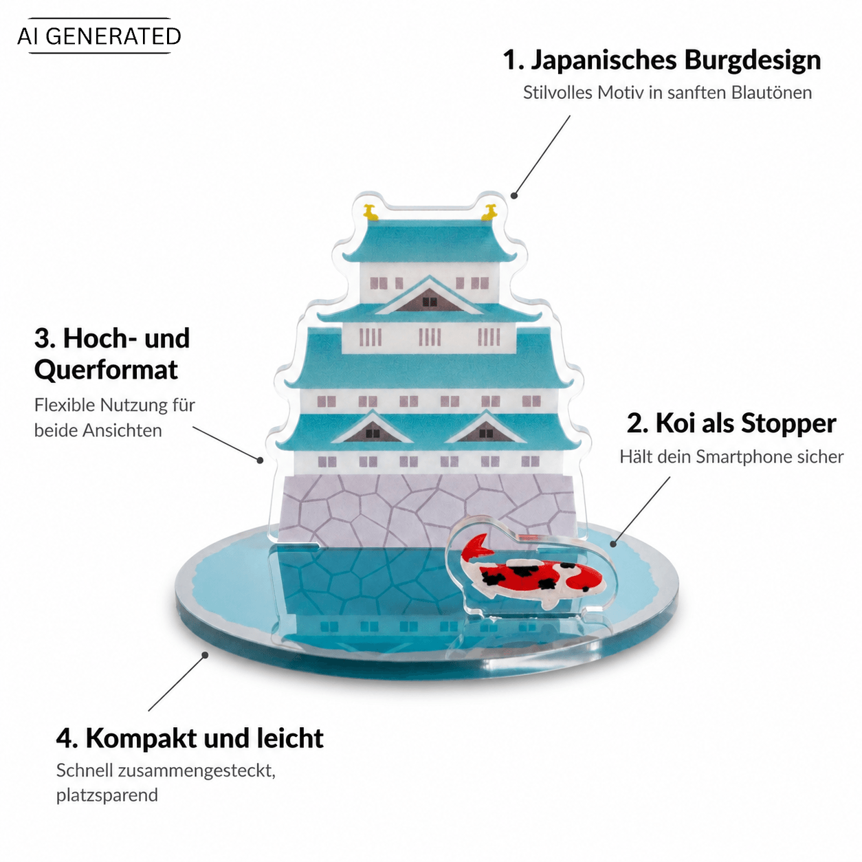 Acryl Smartphone-Ständer Japanische Burg – Motiv mit Koi-Fisch