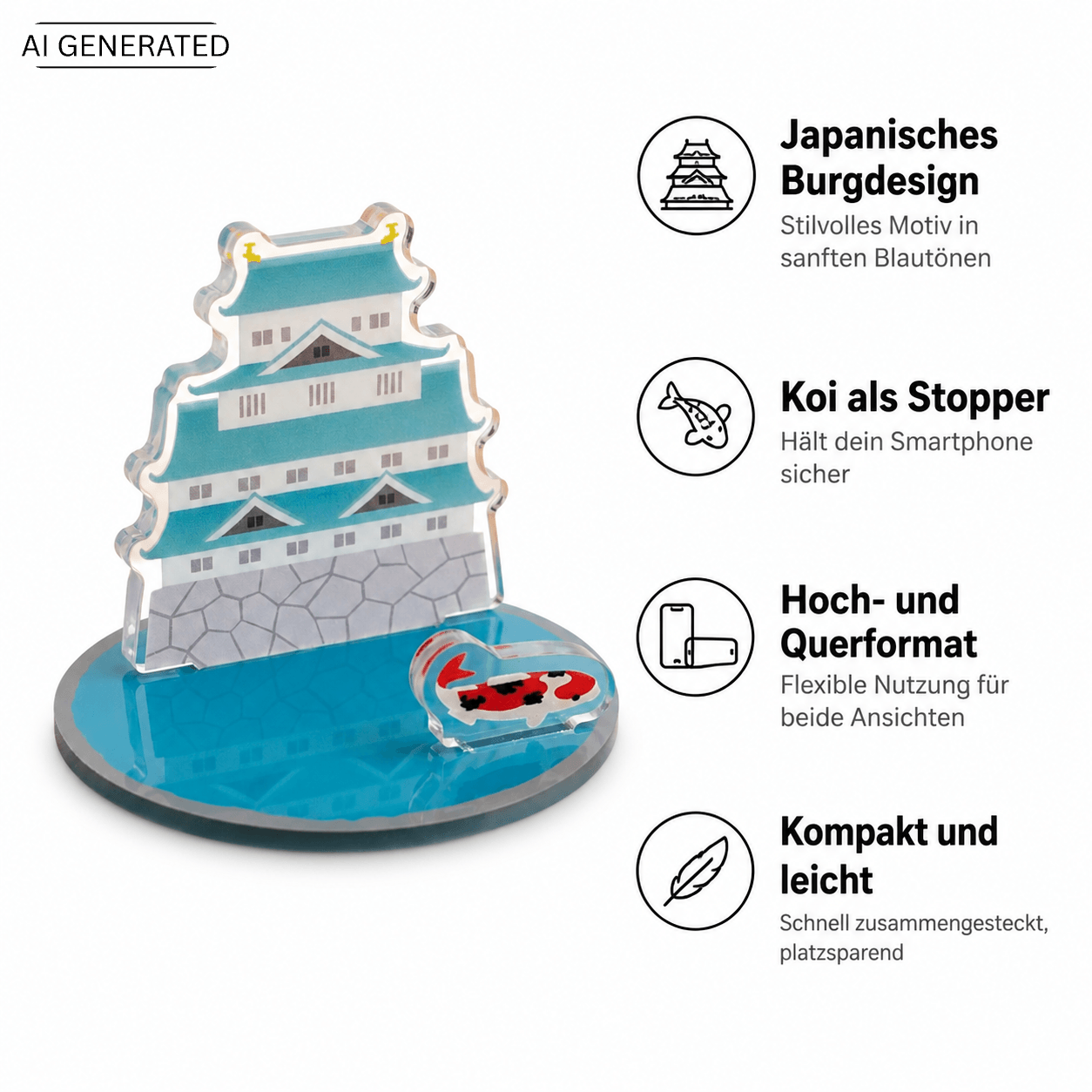 Acryl Smartphone-Ständer Japanische Burg – Motiv mit Koi-Fisch