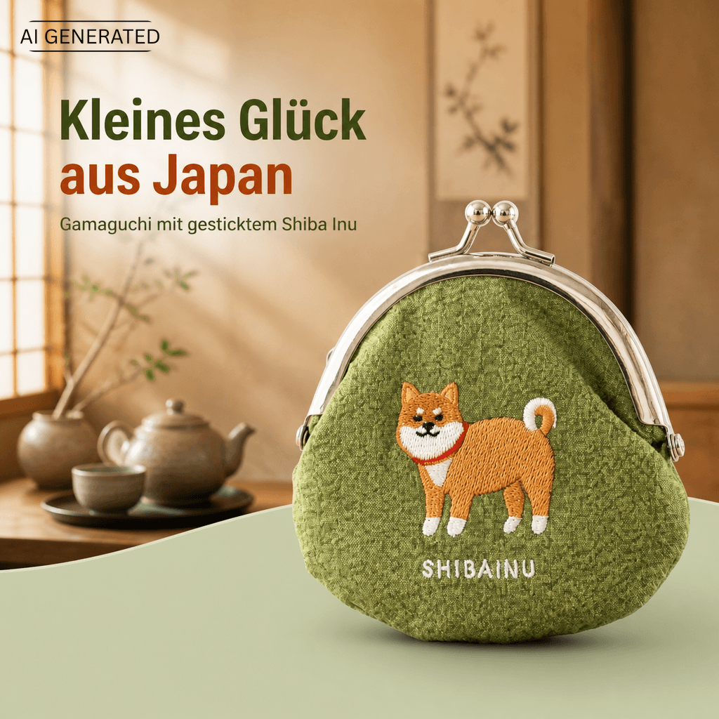 Stoff-Geldbörse Gamaguchi mit Shiba Inu: japanische Bügelbörse mit Stickerei