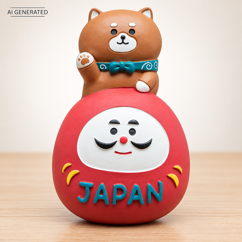 Omiyage-Magnet: Shiba Inu auf Daruma
