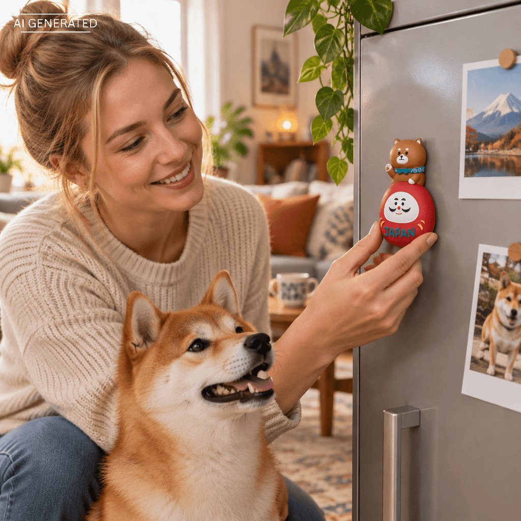 Omiyage-Magnet: Shiba Inu auf Daruma