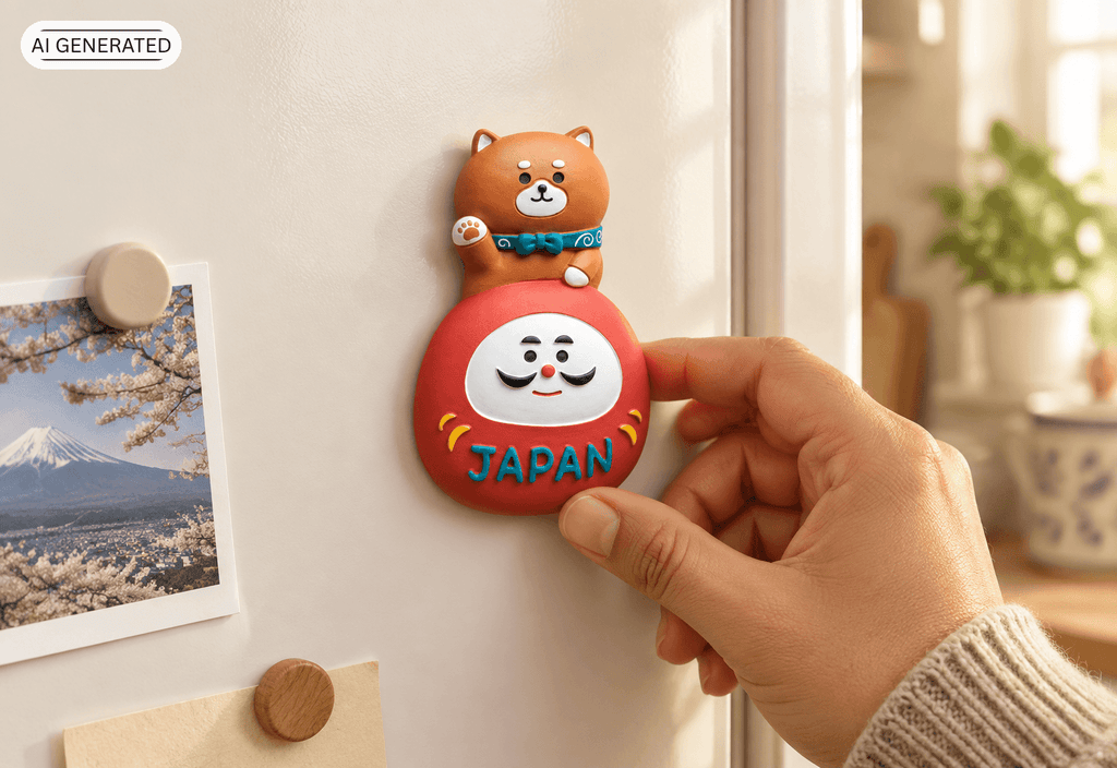 Omiyage-Magnet: Shiba Inu auf Daruma