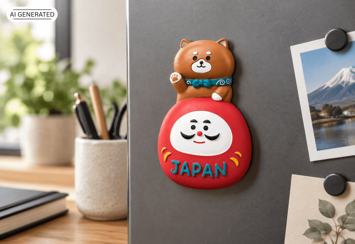 Omiyage-Magnet: Shiba Inu auf Daruma