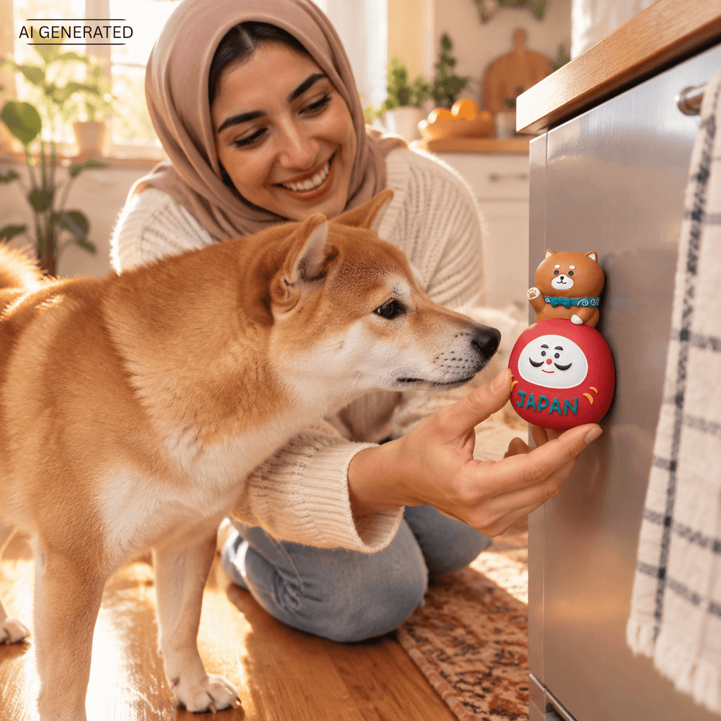 Omiyage-Magnet: Shiba Inu auf Daruma