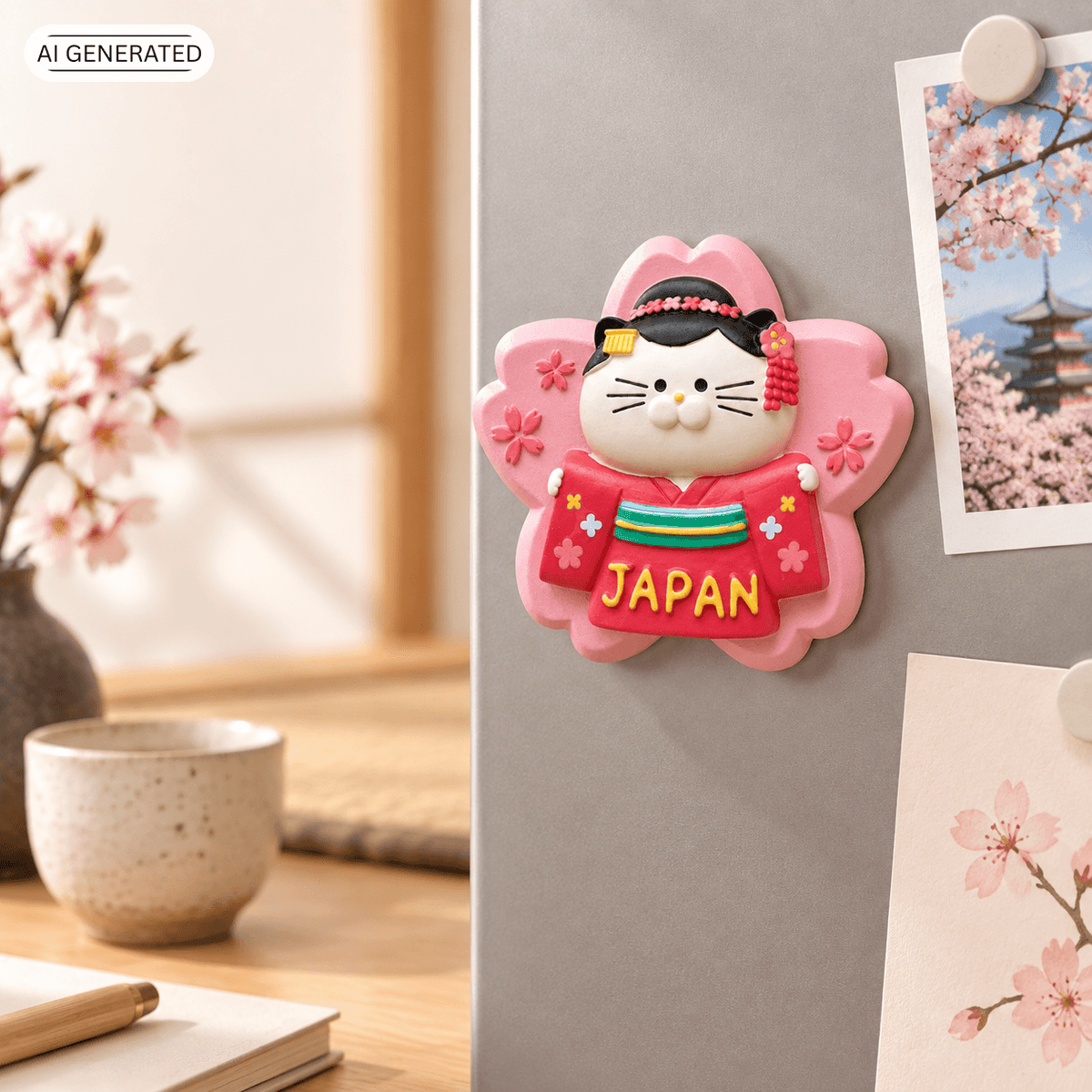 Omiyage-Magnet: Maiko-Katze auf Kirschblüte