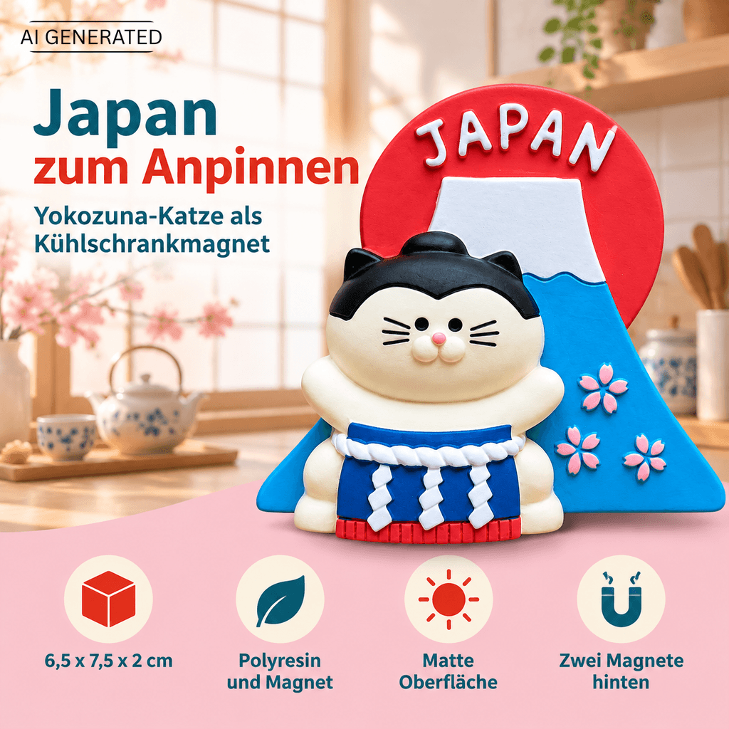 Omiyage-Magnet: Yokozuna-Katze vor dem Fuji