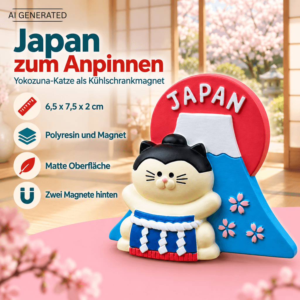 Omiyage-Magnet: Yokozuna-Katze vor dem Fuji