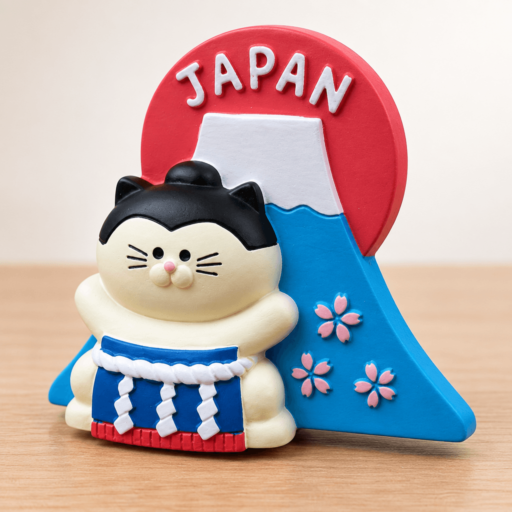 Omiyage-Magnet: Yokozuna-Katze vor dem Fuji