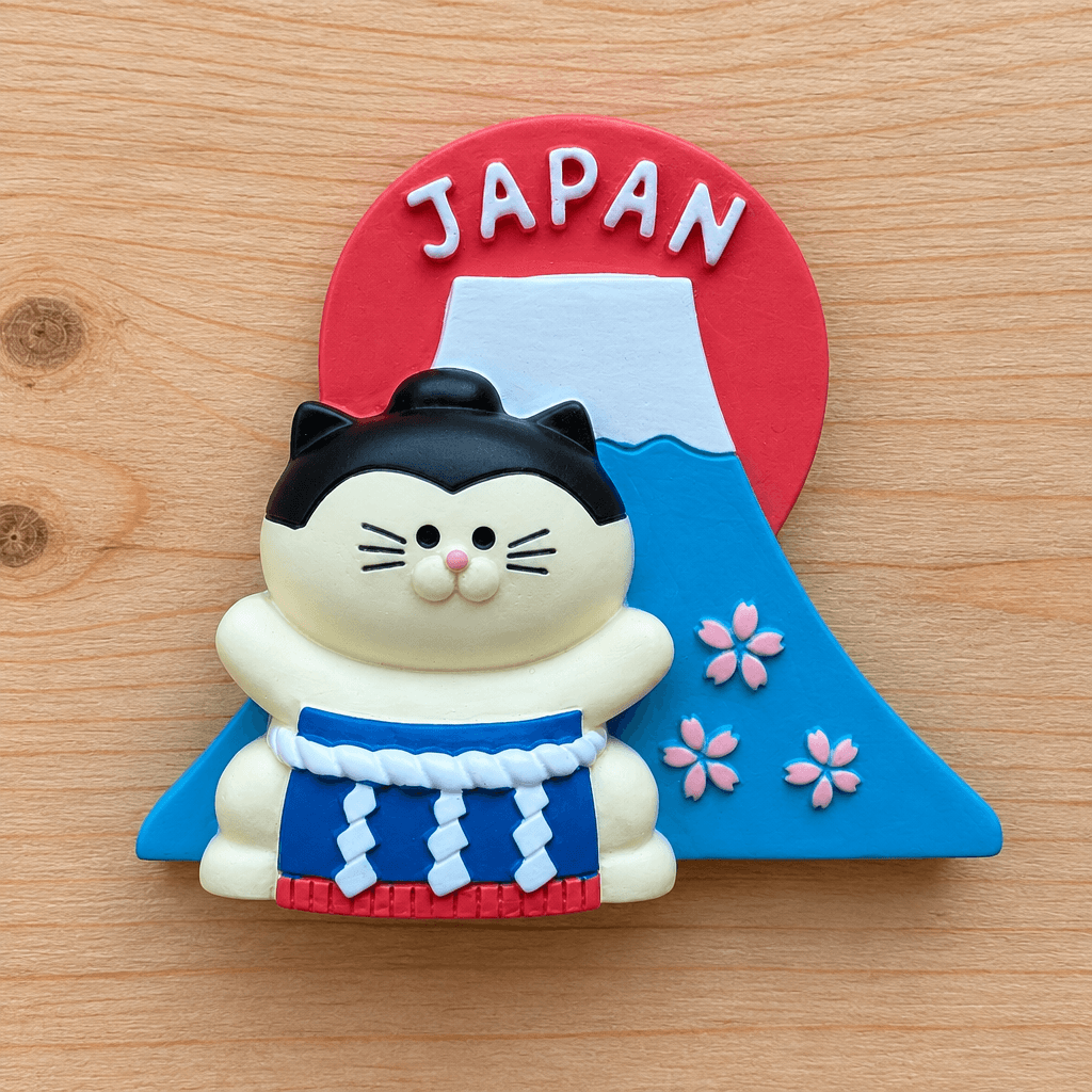 Omiyage-Magnet: Yokozuna-Katze vor dem Fuji
