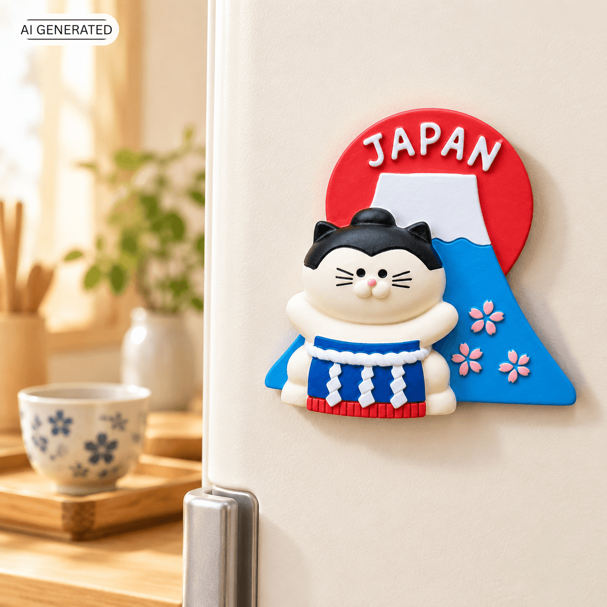 Omiyage-Magnet: Yokozuna-Katze vor dem Fuji