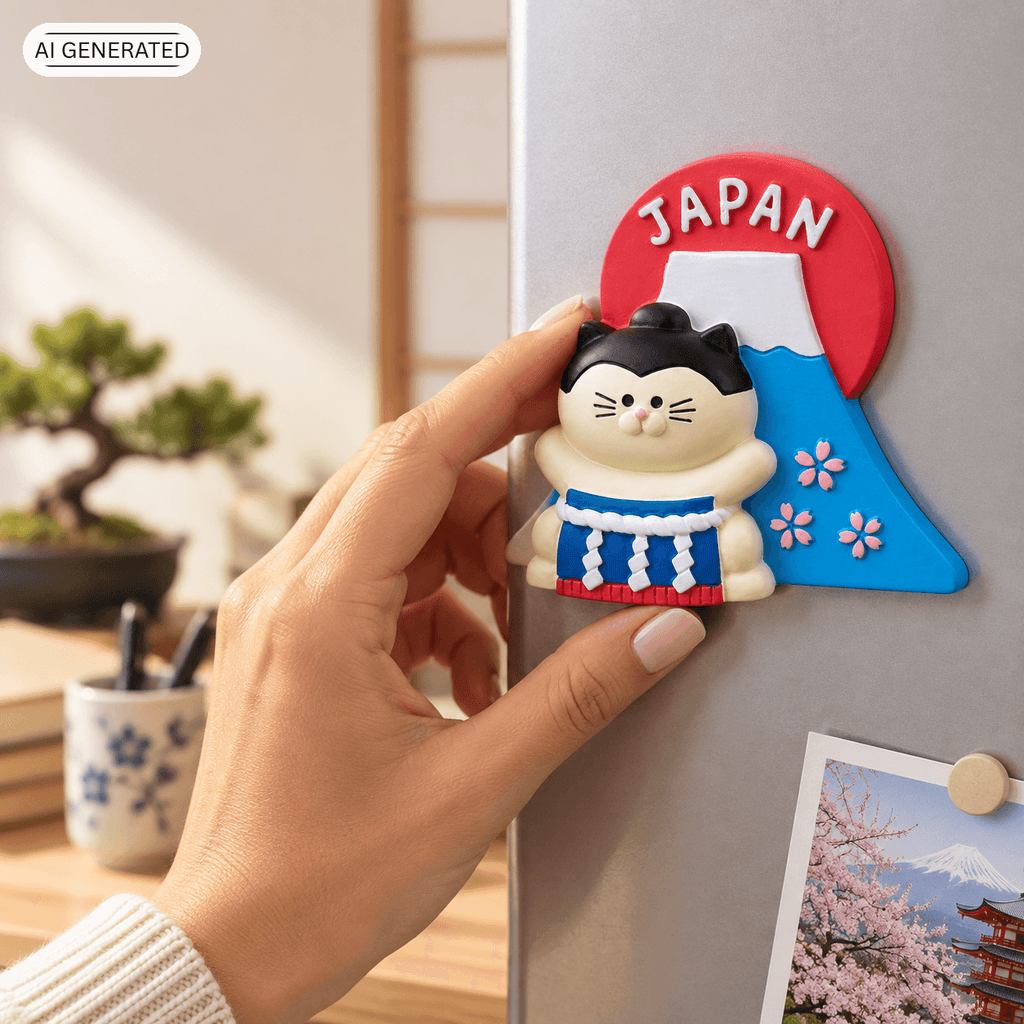 Omiyage-Magnet: Yokozuna-Katze vor dem Fuji