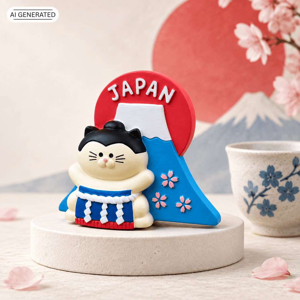 Omiyage-Magnet: Yokozuna-Katze vor dem Fuji