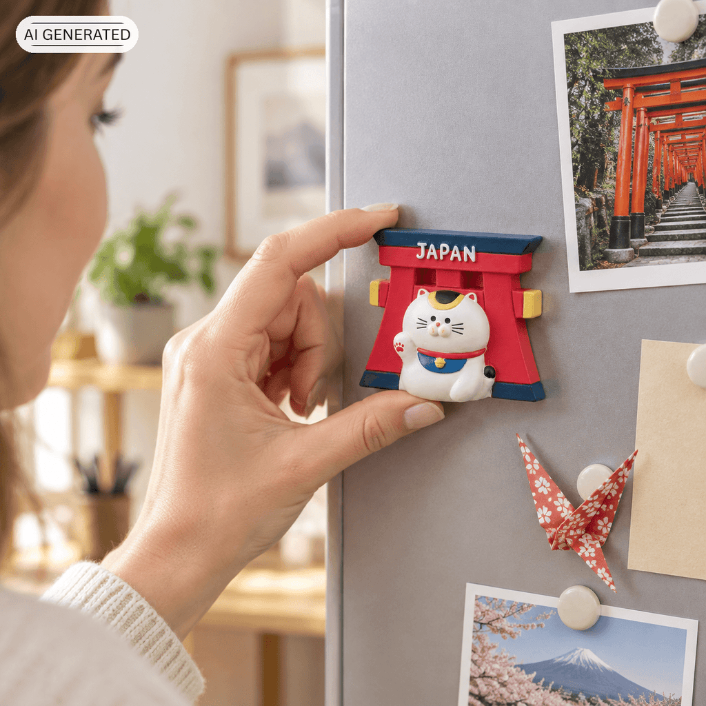 Omiyage-Magnet: Maneki-neko vor rotem Torii