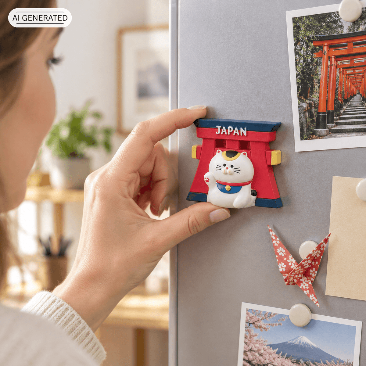 Omiyage-Magnet: Maneki-neko vor rotem Torii