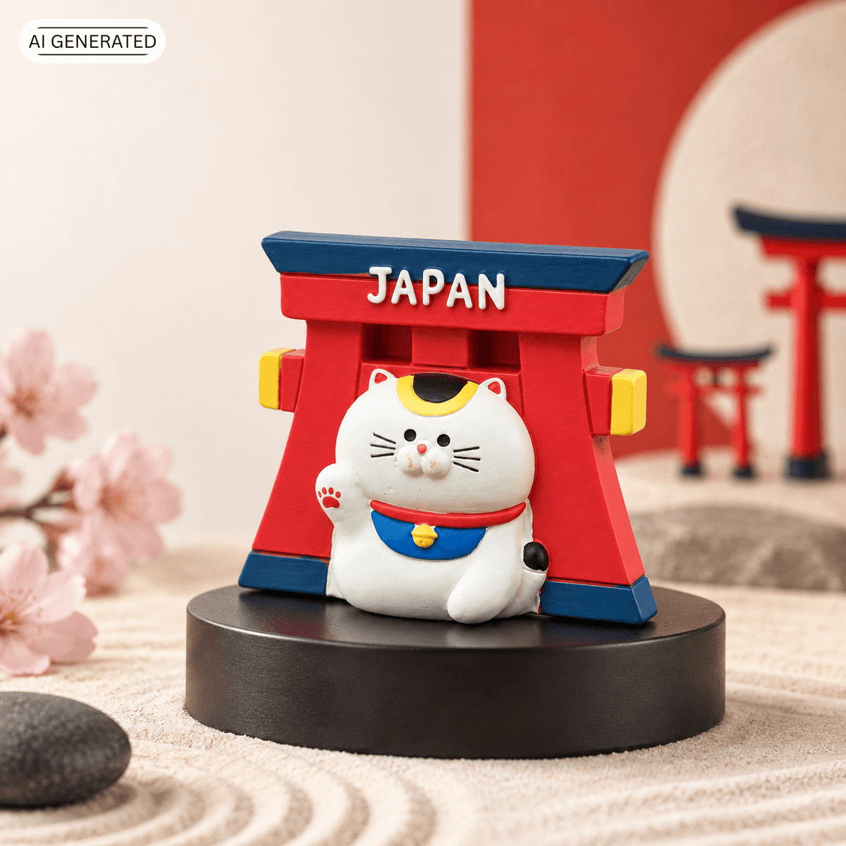 Omiyage-Magnet: Maneki-neko vor rotem Torii