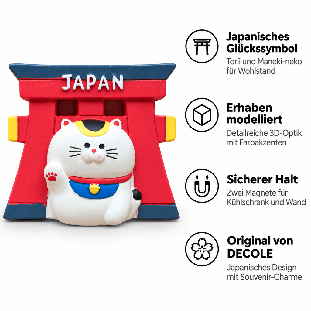 Omiyage-Magnet: Maneki-neko vor rotem Torii