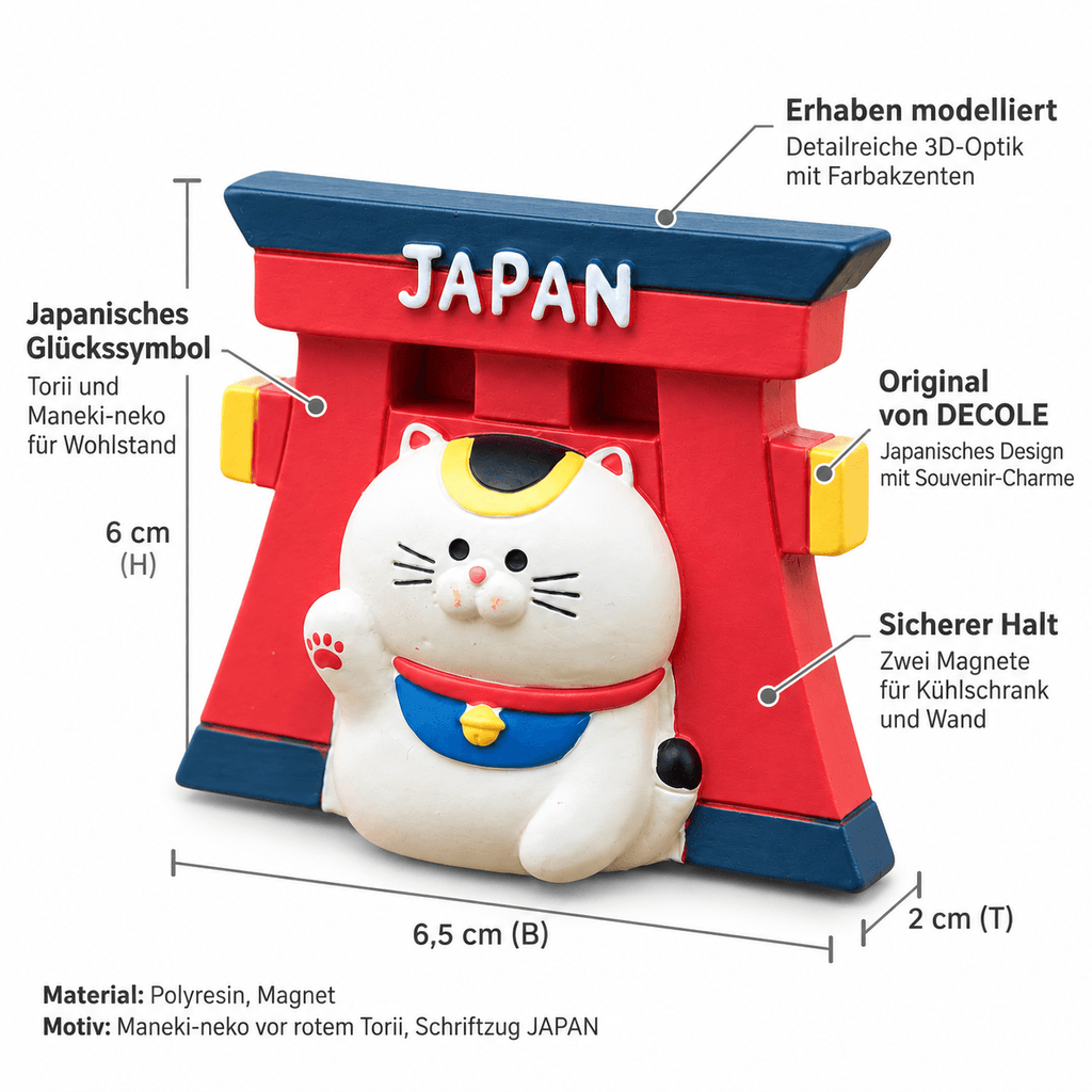 Omiyage-Magnet: Maneki-neko vor rotem Torii