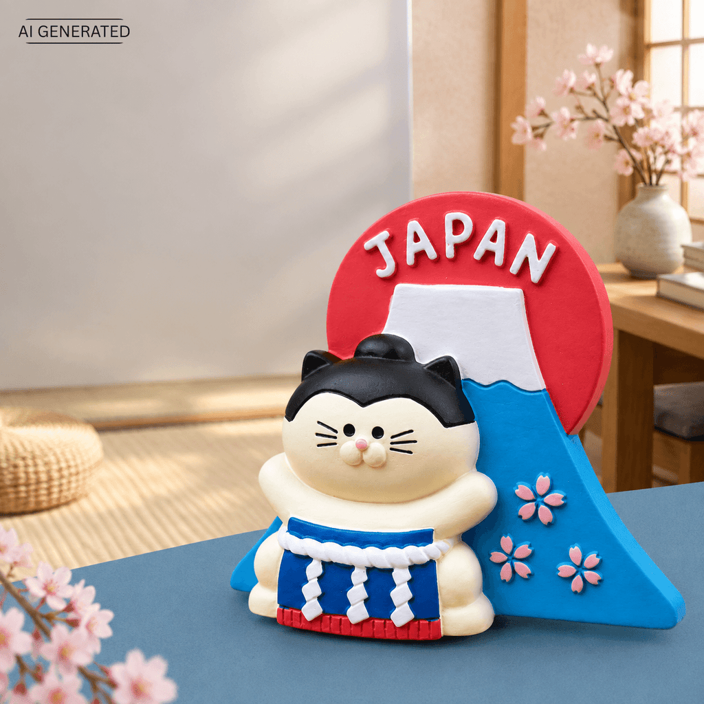 Omiyage-Magnet: Yokozuna-Katze vor dem Fuji