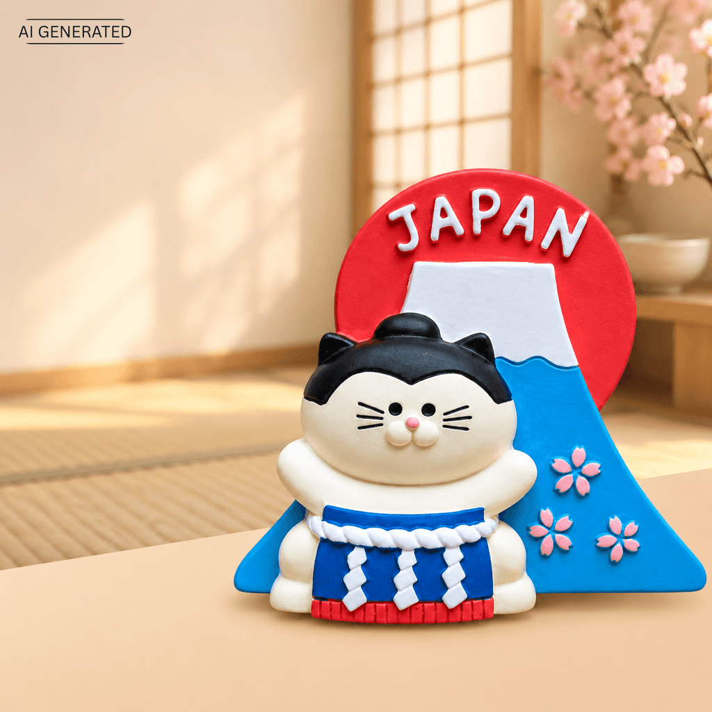 Omiyage-Magnet: Yokozuna-Katze vor dem Fuji