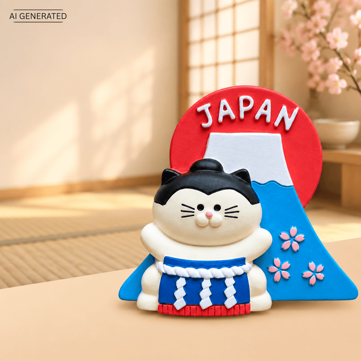 Omiyage-Magnet: Yokozuna-Katze vor dem Fuji