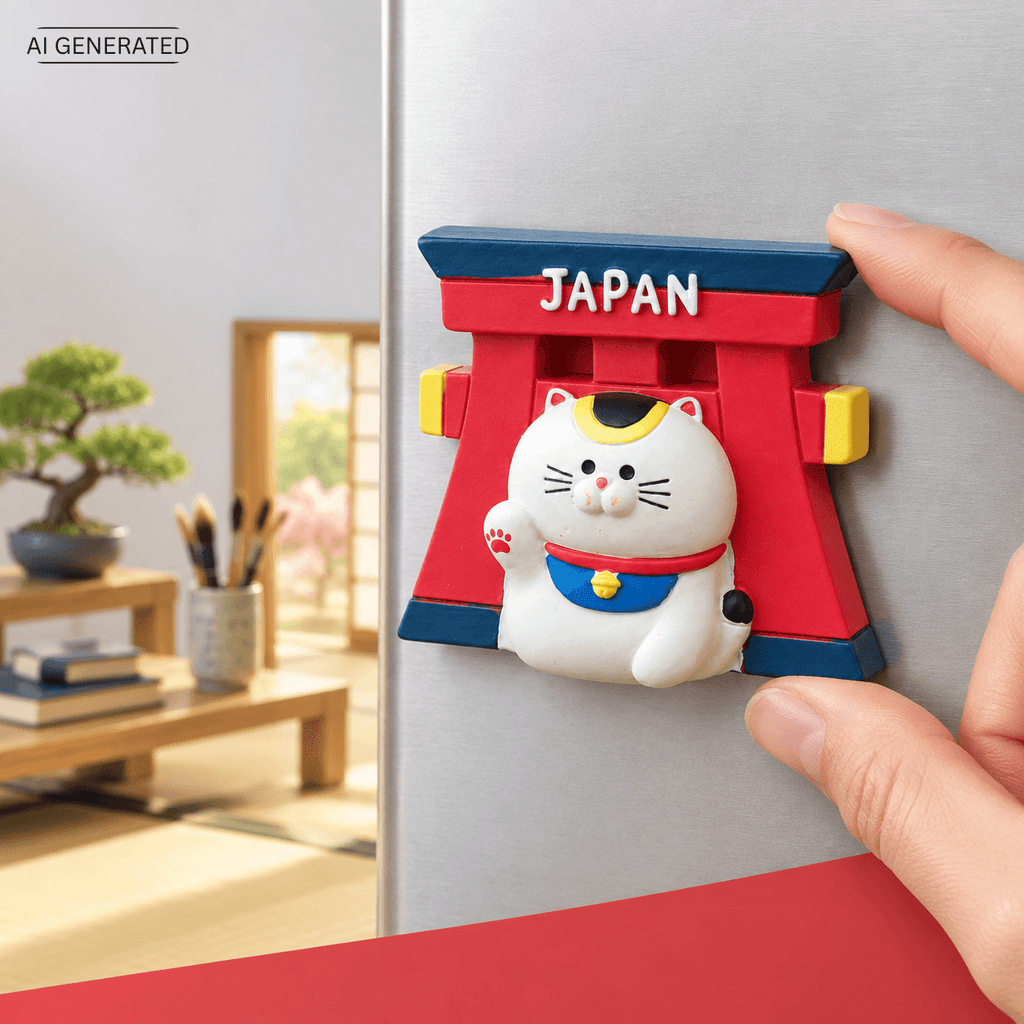 Omiyage-Magnet: Maneki-neko vor rotem Torii