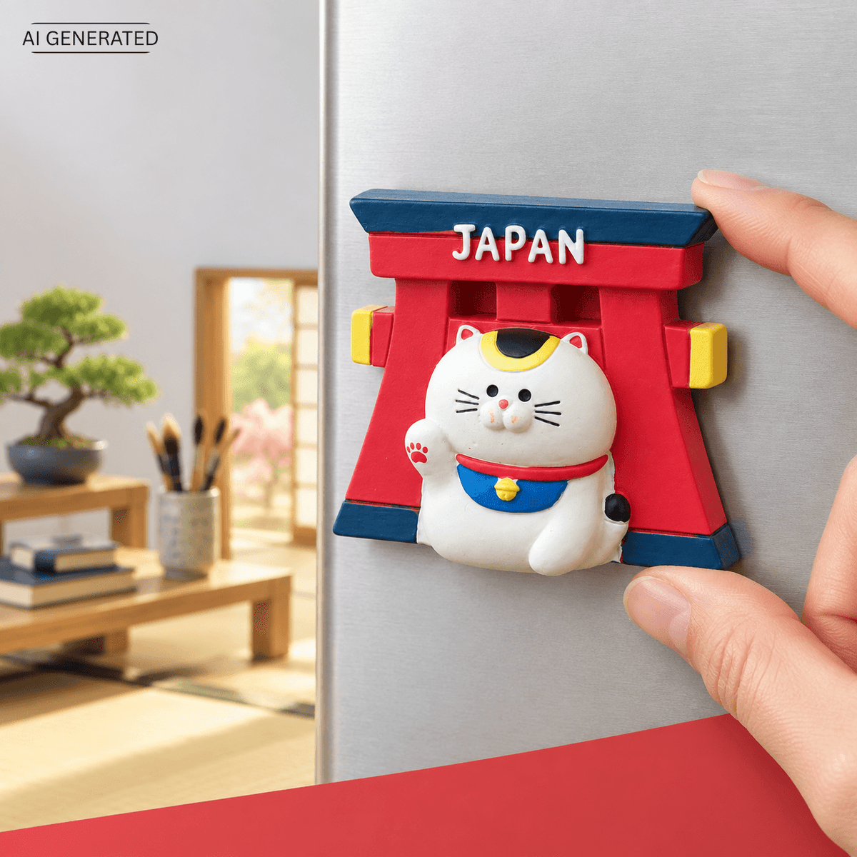 Omiyage-Magnet: Maneki-neko vor rotem Torii