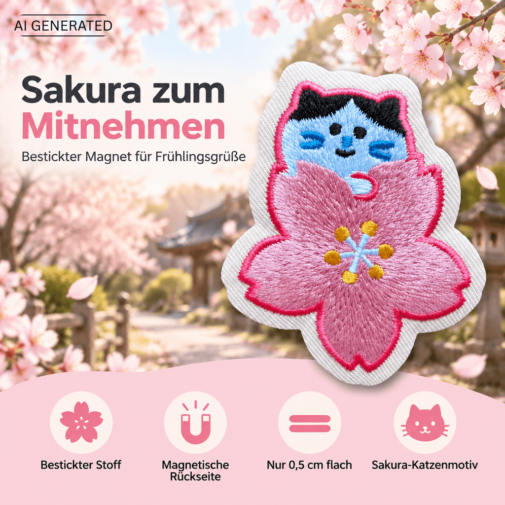 Omiyage-Stickmagnet: Katze mit Kirschblüte