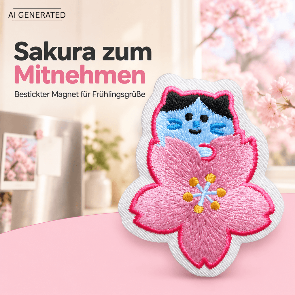 Omiyage-Stickmagnet: Katze mit Kirschblüte