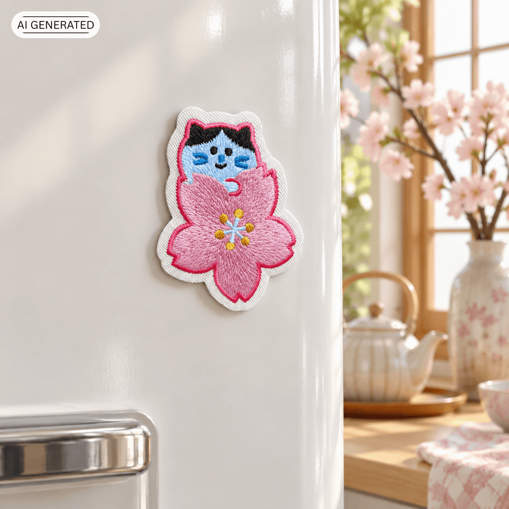 Omiyage-Stickmagnet: Katze mit Kirschblüte