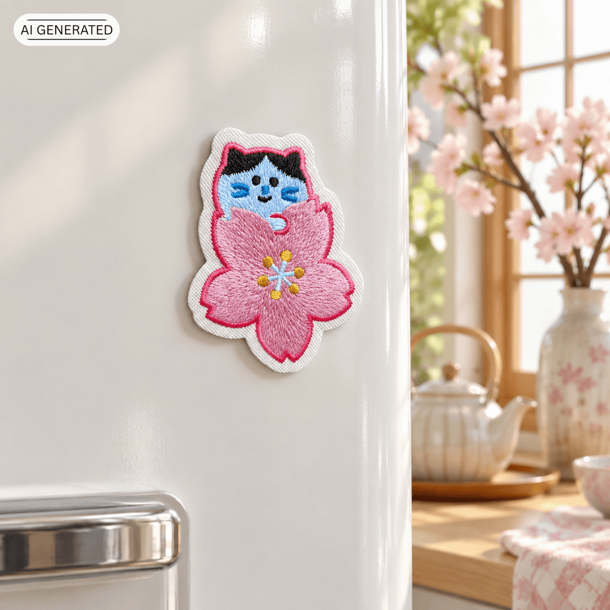 Omiyage-Stickmagnet: Katze mit Kirschblüte