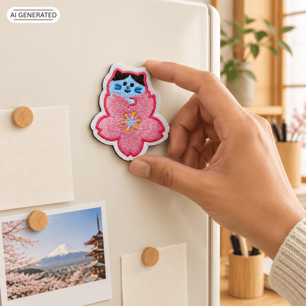 Omiyage-Stickmagnet: Katze mit Kirschblüte