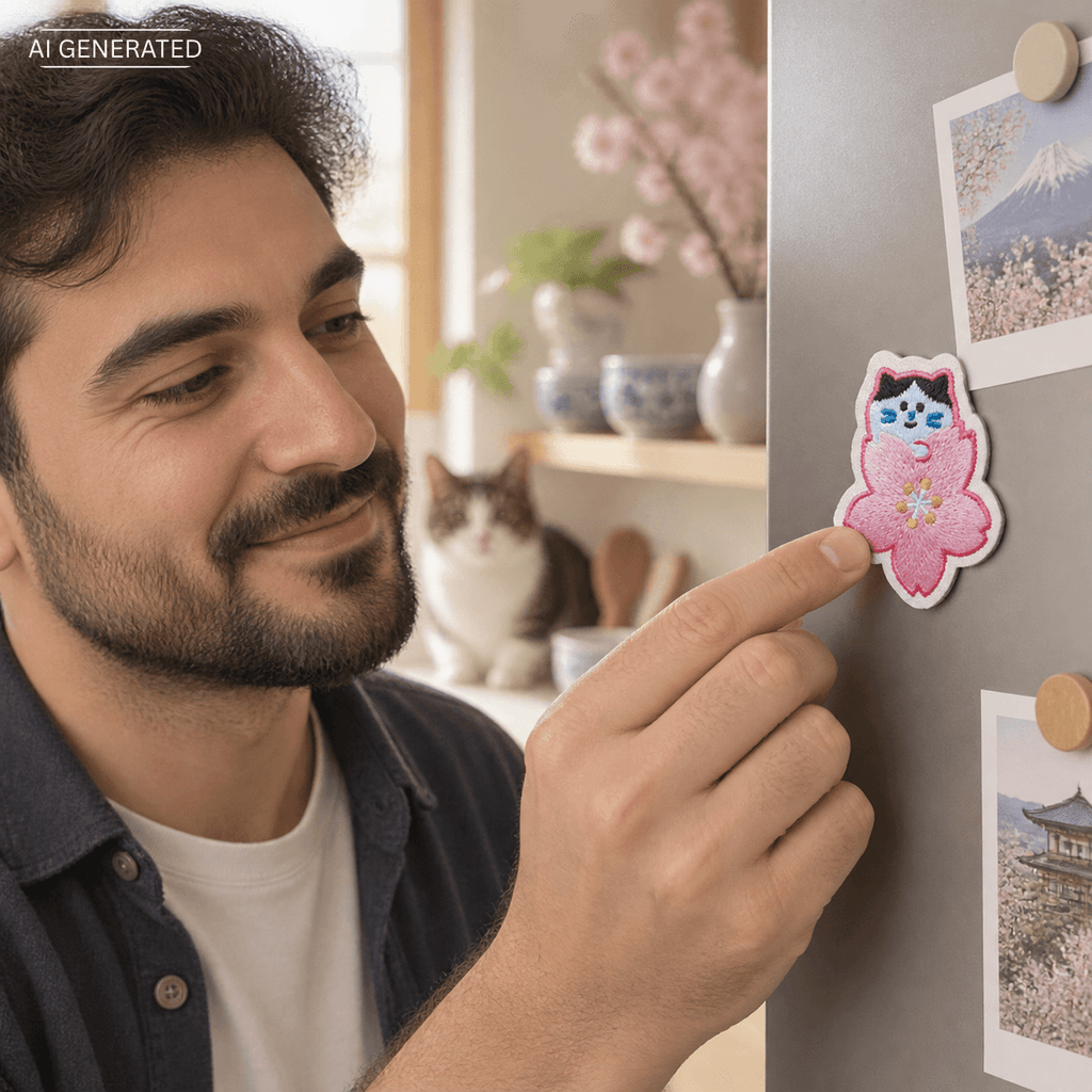 Omiyage-Stickmagnet: Katze mit Kirschblüte