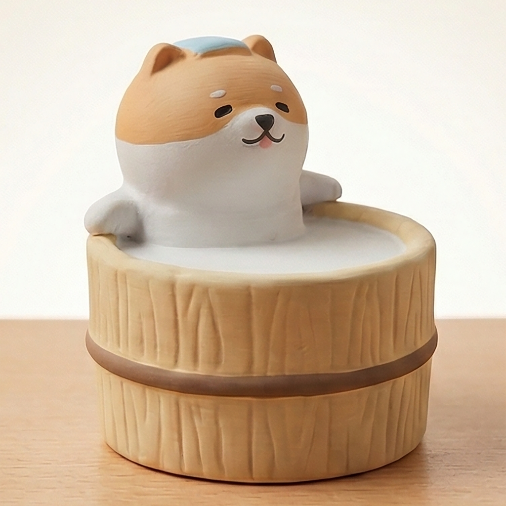 Yururi Biyori Aromafigur Shiba Inu von rechts in Holzthermen-Bad, mit ausgestrecktem Arm