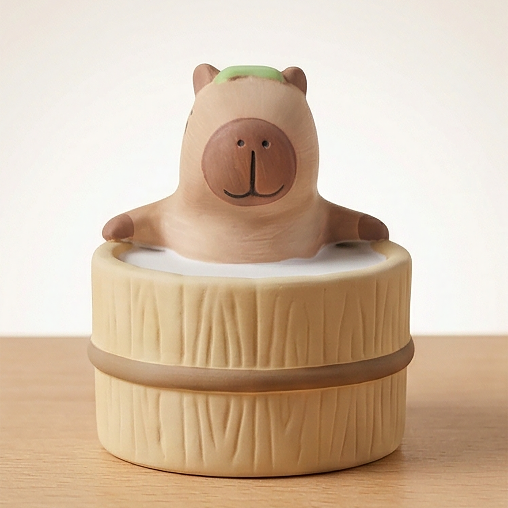 Yururi Biyori Aromafigur Capybara in Holzfass Vorderansicht mit grünen Ohren