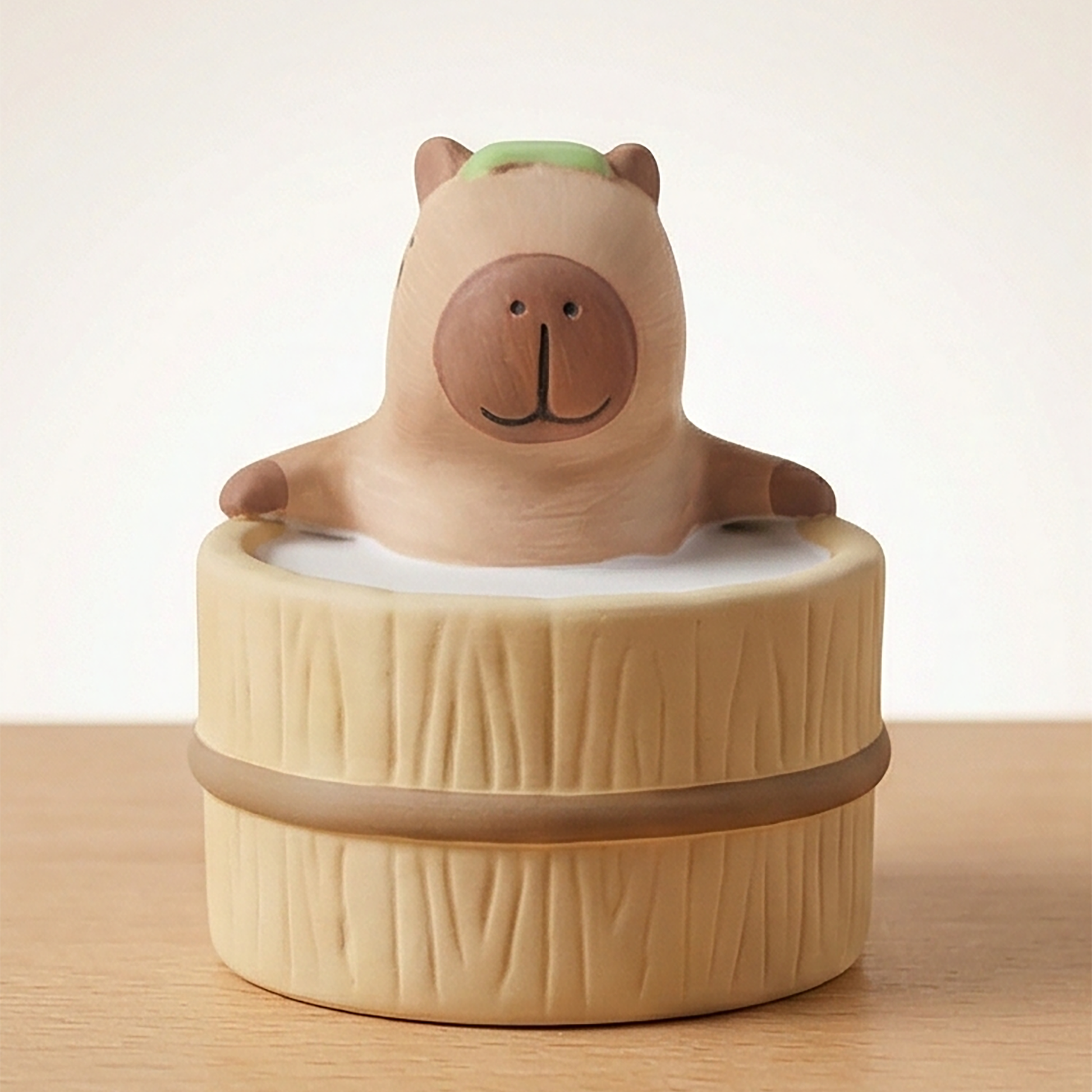 Yururi Biyori Aromafigur Capybara in Holzfass Vorderansicht mit grünen Ohren