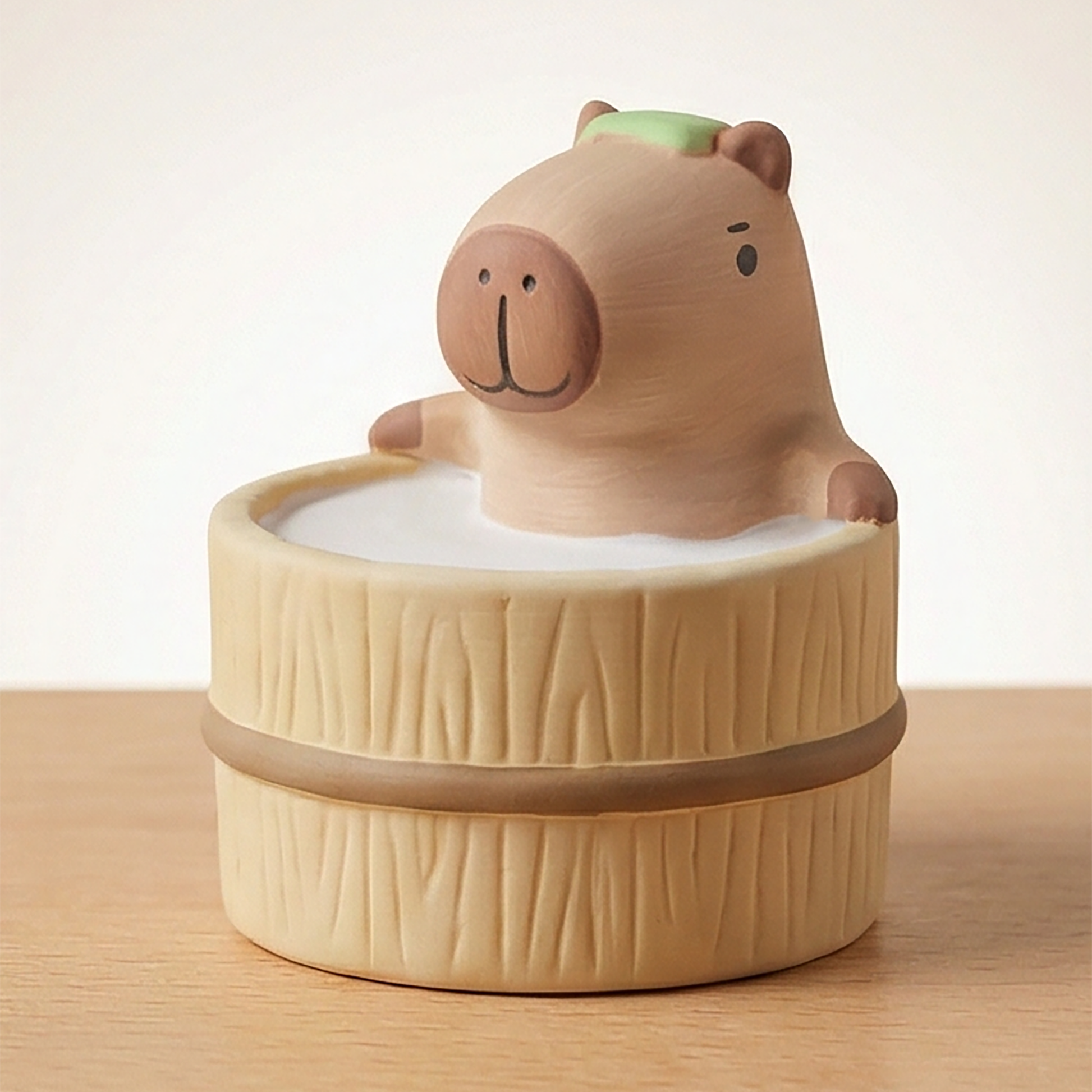 Yururi Biyori Aromafigur Capybara im Holzfass im Onsen-Stil von der Seite