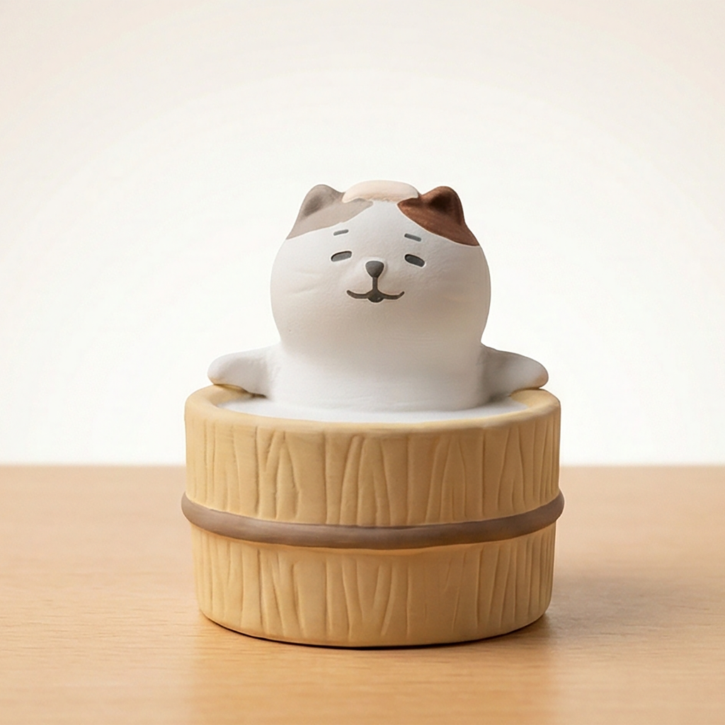 Niedliche Neko Aromafigur frontal in einer Holzwanne - Japanischer Keramik Duftständer mit entspanntem Gesichtsausdruck