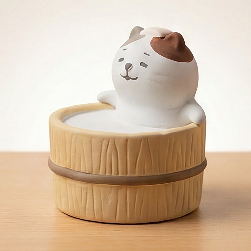 Yururi Biyori Neko Aromafigur mit Kopf nach oben in weißer Badewanne - Keramik Duftständer handbemalt aus Japan