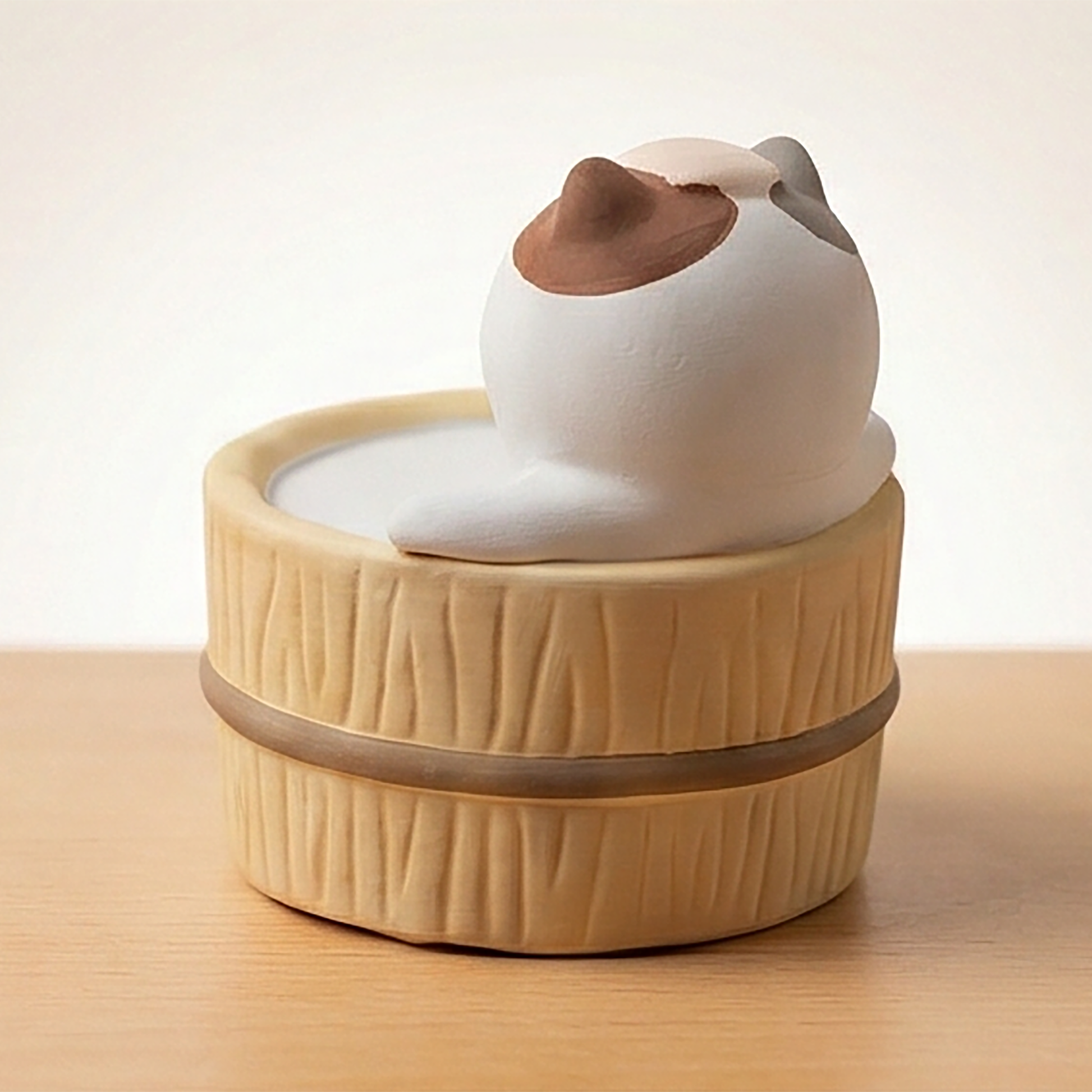 Yururi Biyori Neko entspannt mit Kopf nach oben in Holzwanne - Keramik Aromafigur Katze im traditionellen Onsen Bad