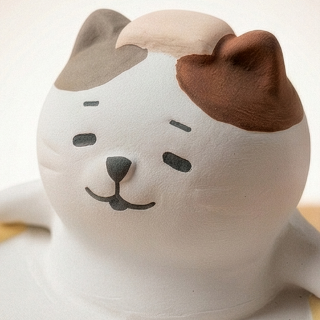 Nahaufnahme Neko Aromafigur mit süßem Lächeln und braunen Ohren - Yururi Biyori Katze handbemalt Keramik Detail