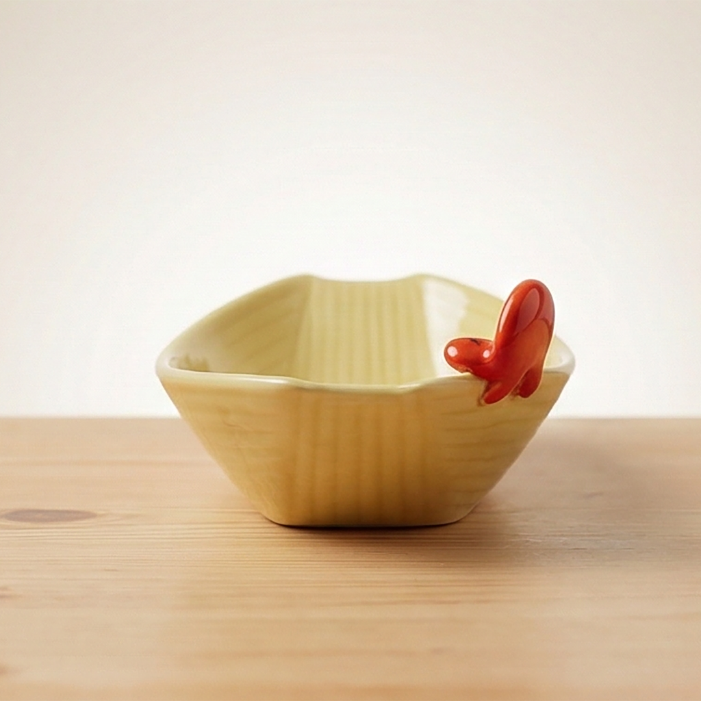 Cremefarbene Keramik Schale in runder Kugel-Form mit rotem Octopus-Griff oben