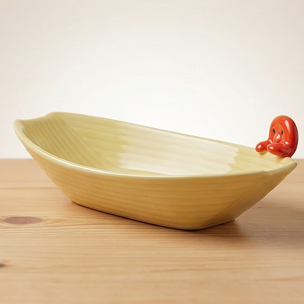 Cremefarbene Takoyaki Schiffchen-Schale aus Keramik mit rotem Octopus-Motiv am rechten Rand