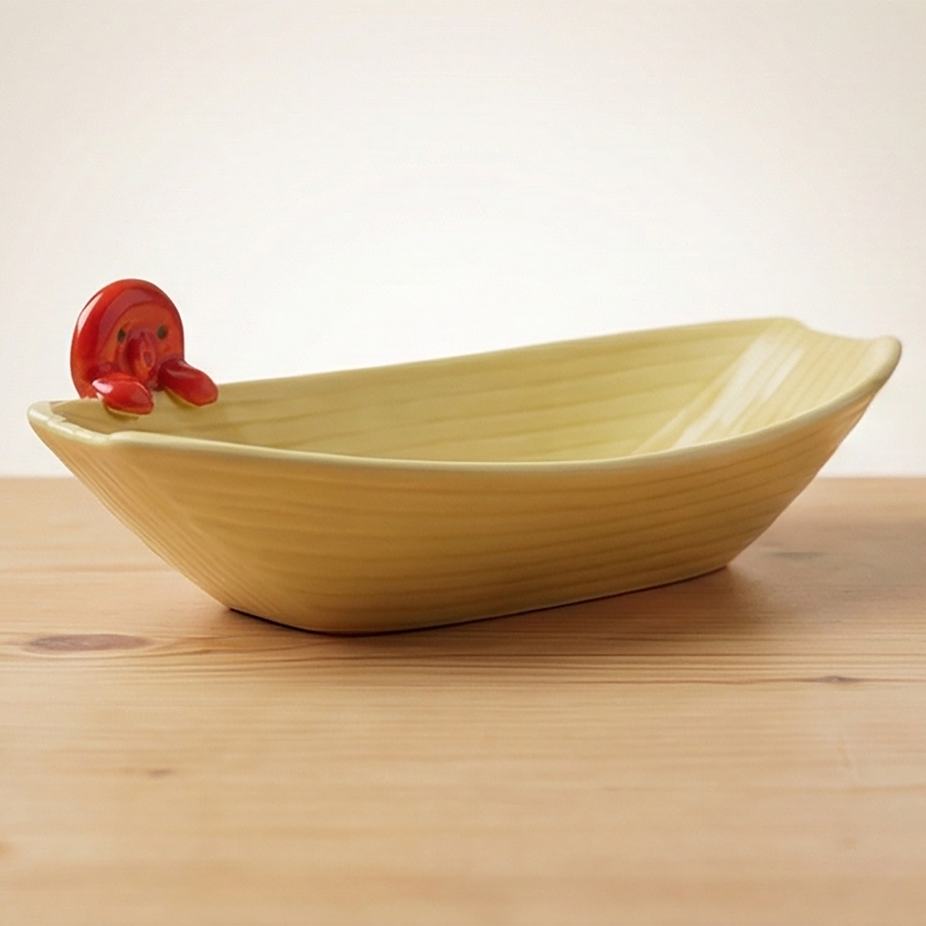 Cremefarbene Takoyaki Schale mit rotem Octopus-Griff auf der linken Seite