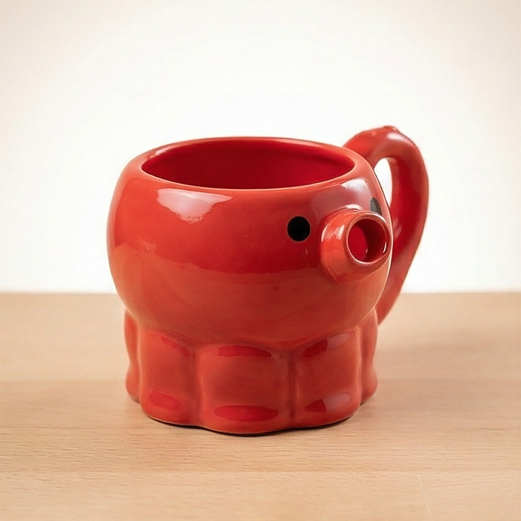 Draufsicht auf das rote Takoyaki-Oktopus Teigkännchen mit offenem Mund-Ausgießer und Tentakel-Henkel