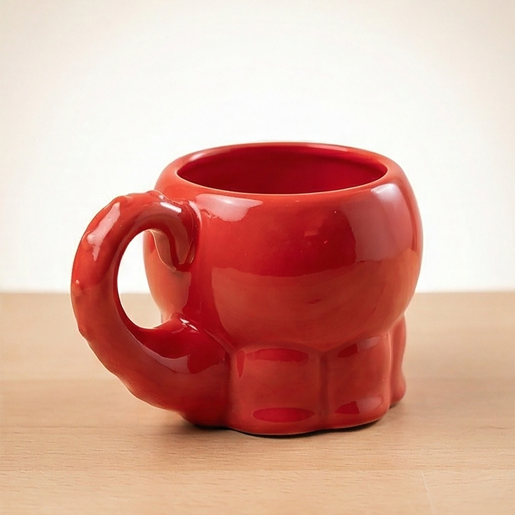 Seitenansicht des roten Takoyaki-Oktopus Teigkännchens mit charakteristischem Henkel in Tentakelform